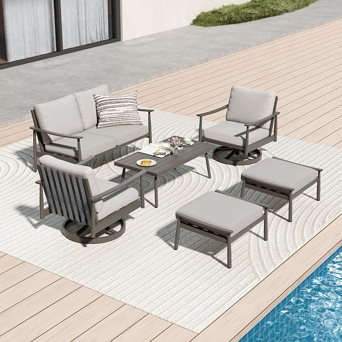 6 Pieces Aluminum Outdoor Patio Furniture Sets with Coffee Table, Cushioned Loveseat and Swivel Chairs with Ottoman, All Weather Conversation Set for Yard Proch Deck, Greige & Grey