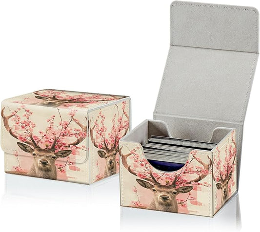 Card Deck Box for MTG, Cards Storage Box Fits 120+ Sleeved, Leather Small Size Strong Magnetic Closing Card Case for Board Games Magic TCG CCG Baseball Collection, Peach Blossom Deer
