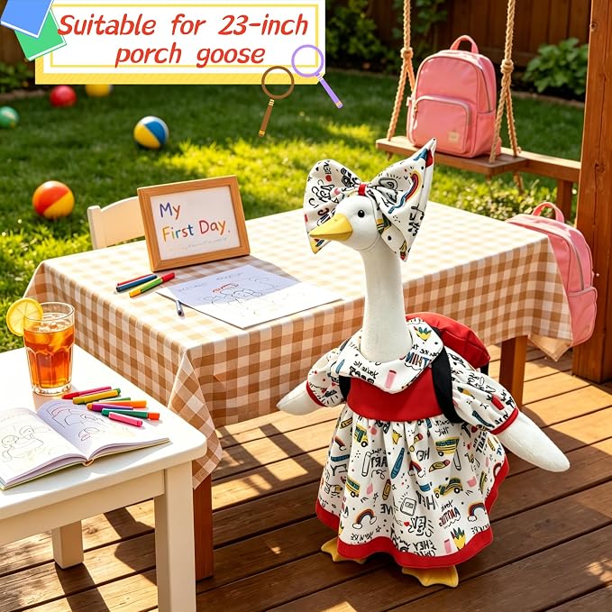 Back to School Porch Goose Outfits, Student Goose Outfit Fits 23" Cement Plastic Geese Statue, Goose Clothes for School Classroom Cement Goose Outdoor Garden Yard Decor