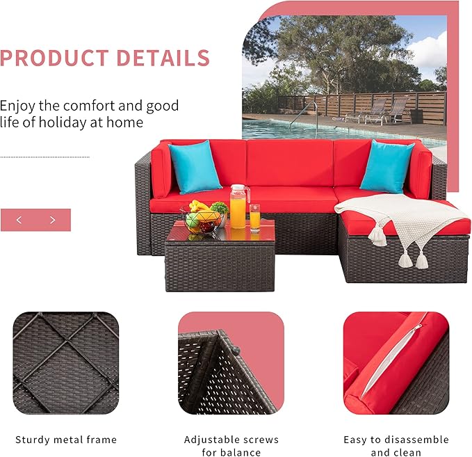 Shintenchi 5 Pieces Patio Furniture Sets Outdoor All-Weather Sectional Patio Sofa Set PE Rattan Manual Weaving Wicker Patio Conversation Set with Glass Table&Ottoman Cushion and Red Pillows, Red