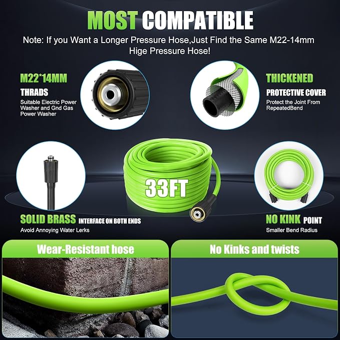 Adjustable Electric Pressure Washer 5000PSI with 33FT Flexible Extension Hose + 34FT Power Cord, 4 Nozzles, Foam Cannon, Best Power Washer for Cars, Patios, Driveways, Green