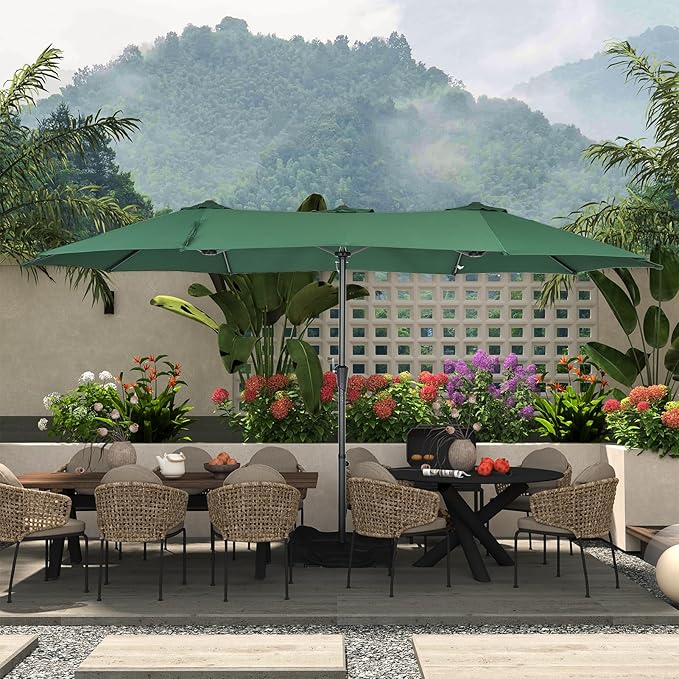 15 ft Patio Umbrella with Base, Large Rectangle Outdoor Umbrella with Matching Stand, Strap, Crank, Green