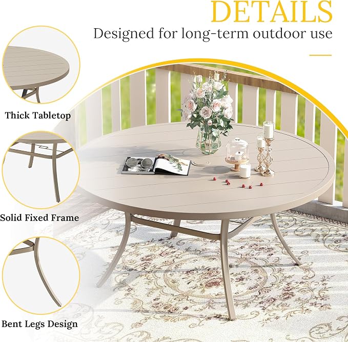 VICLLAX 63" Outdoor Round Patio Table with Umbrella Hole, All Weather Metal Round Outdoor Dining Table for Lawn Garden, 8-10 Person Table, Sandshell