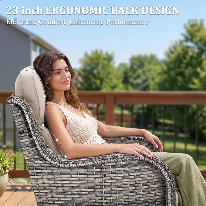 Luxury Swivel Rocker Chairs Fire Pit Set with 6" Thick Cushion 9 piece Wicker Outdoor Patio Chair with Sofa and Side Table,Comfortable High Back Outdoor Patio Furniture Set - Gery | Beige