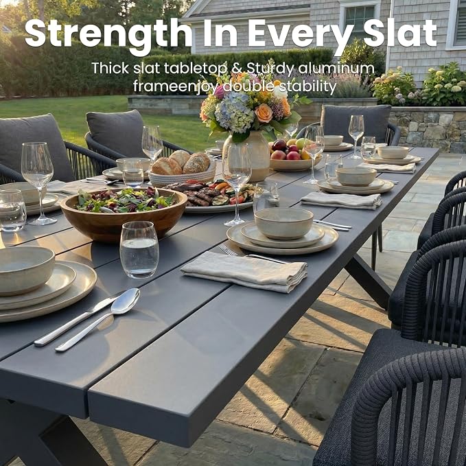 11-Piece Patio Dining Table Sets, Woven Wicker Dining Set with Rectangular Aluminum Table and Dining Chairs Modern Outdoor Dining Furniture Set for Outdoors and Indoors