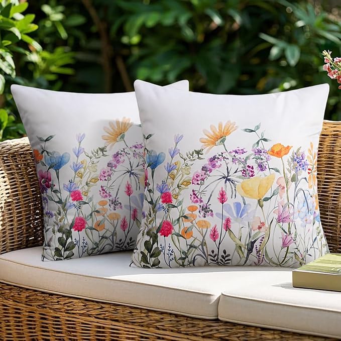 Merrycolor Waterproof Outdoor Flower Pillow Covers Spring Decorations for Home - Spring Summer Throw Pillow Covers18×18 Pack of 2 Farmhouse Cushion Covers for Tent Porch Swing Patio Garden Couch Sofa