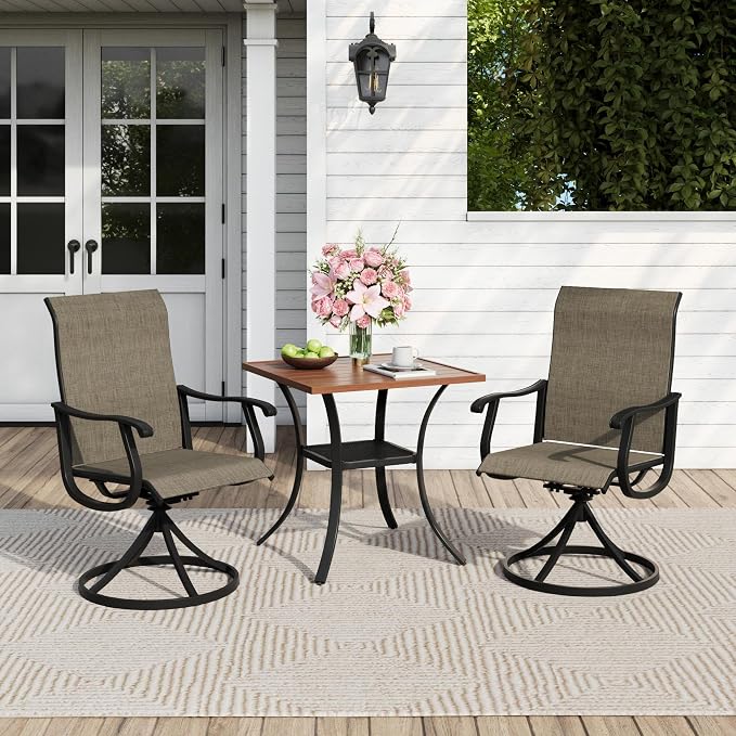 Outdoor Dining Set for 2, 28" Metal Square Outdoor Dining Table and Sling Patio Swivel Chairs, 3 Pieces Patio Table and Chairs Set for Garden Backyard, Mixed Brown and Walnut