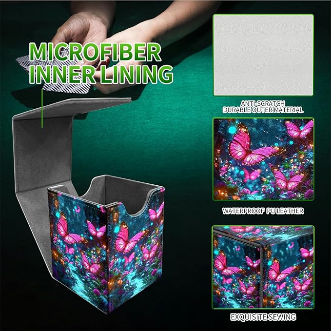 Pink Butterfly Forest Card Deck Box for MTG, Personalized Card Storage Case Fits 120+ Sleeved Cards, Premium Leather TCG Box with Strong Magnetic Closure for Magic, PTCG, Baseball Cards