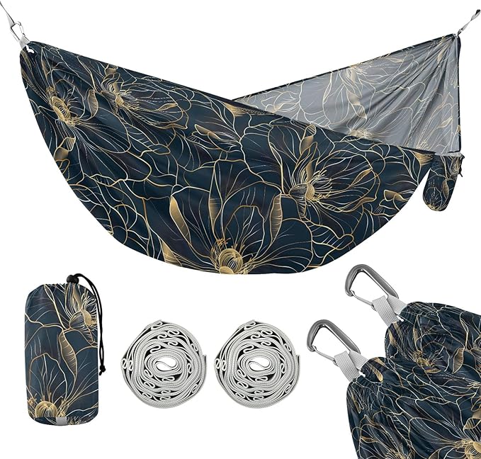 Camping Hammock Outdoor Hammocks for Outside Golden Flower Line Art Beach Trees Portable Lightweight with Pockets Tree Straps Indoor Small