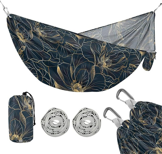 Camping Hammock Outdoor Hammocks for Outside Golden Flower Line Art Beach Trees Portable Lightweight with Pockets Tree Straps Indoor Small