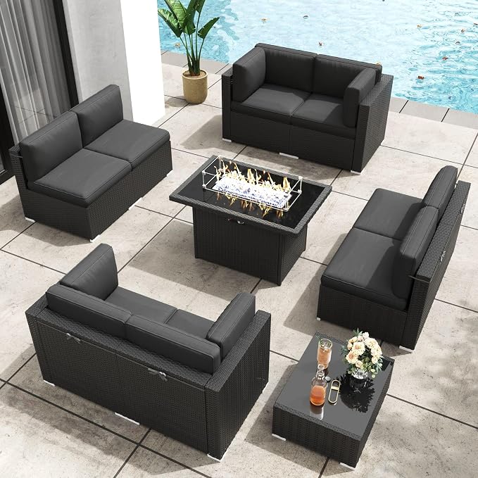 Patio Furniture Set with Fire Pit Table, 10 Pieces Outdoor All-Weather Wicker Conversation Sectional Chair Sofa Set