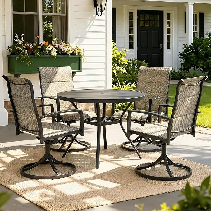 MEOOEM 5-Piece Patio Dining Set for 4, Outdoor Round Tables and Swivel Chairs Set of 4, All Weather Heavy Duty Outdoor Patio Table and Chairs Swivel for Outside, Deck, Garden, Backyard,Taupe