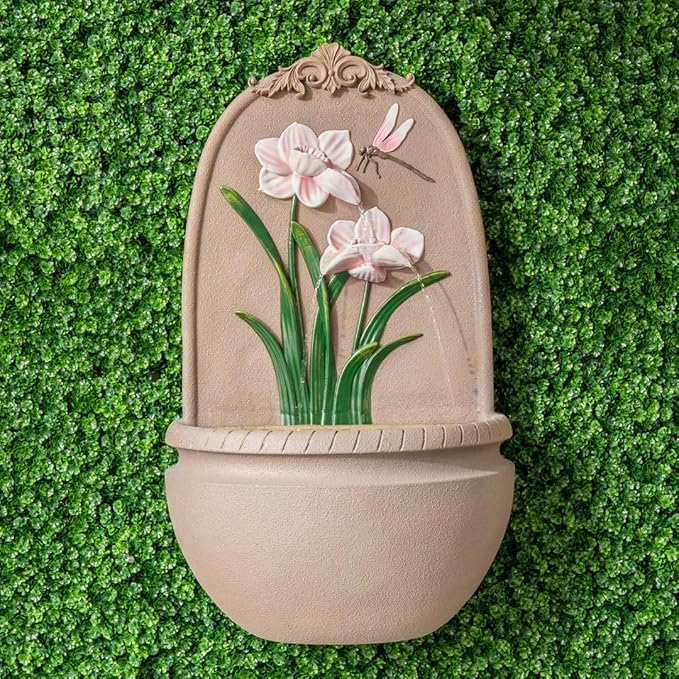 XBrand 31" in H Outdoor Wall Water Fountain with Pump- Pink Flower with Dragonfly Design with Mesh Guard