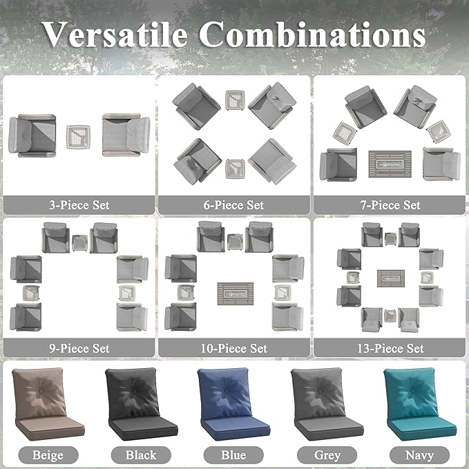9 Piece Wicker Patio Furniture Set, Swivel Rocking Chairs with 4''Cushions, PE Rattan, Rust Resistant Frame, Double Layer Glass Side Table, for Backyard, Deck or Balcony, Grey