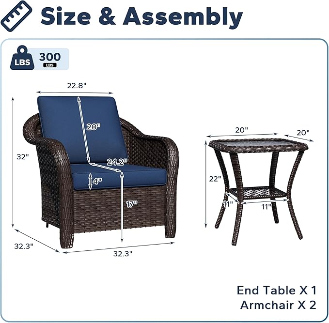 Outdoor Chairs with Side Table, Patio Wicker Chairs, Outside Conversation Furniture Set with Washable Cushions for Sunroom, Gazebo, Poolside (Navy Blue)
