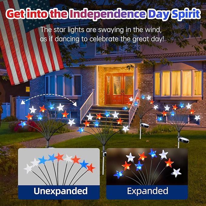 Lewondr 4th of July Decorations Solar Garden Lights, Fourth of July Red White and Blue Star Solar Lights Outdoor, Waterproof Patriotic Decor with 9 LED 2 Lighting Modes for Independence Day, 4 Pack