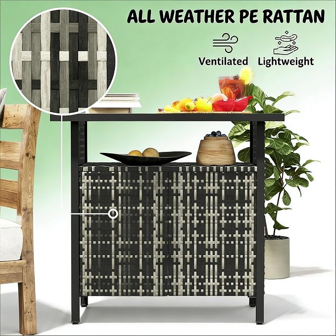 Outdoor Deck Box Storage Cabinet for Pool Towels and Patio Accessories, Wicker Style Patio Storage Box with Steel Frame and Wood Grain Top, 35.4 x 19.7 x 35.4 Inches, Mixed Color