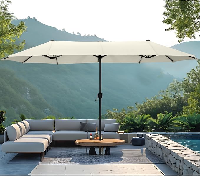 MFSTUDIO 13ft Outdoor Patio Umbrella, Double Sided Large Rectangular Umbrella Market Table Twin Triple Rectangle Umbrellas with Crank Handle for Outside Picnic Backyard Deck Pool (no base)