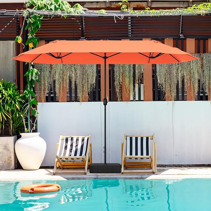 Giantex Patio Umbrella with Base, Double-Sided Outdoor Umbrella with Crank Handle, Umbrella Base Stand with 2 Sandbags, 12 Metal Ribs, Market Umbrellas for Garden Poolside Deck