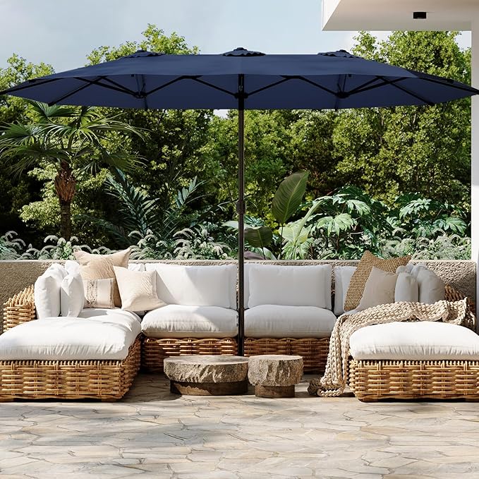 AECOJOY 15x9ft Double-Sided Patio Umbrella Outdoor Market Umbrella Large Umbrella Table 177''x104'' Umbrellas with Crank Air Vents for Deck Pool Patio (1.9" Pole, Dark Blue)
