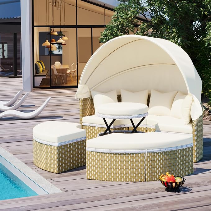 Merax Patio Conversation Set, 5-Piece Outdoor Furniture Round Sectional Sofa Set Rattan Daybed Two-Tone Weave Sunbed with Retractable Canopy, Beige