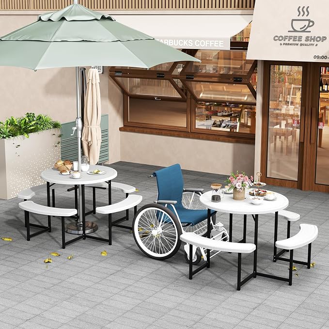 LDAILY Picnic Tables with Benches, Round Picnic Dining Table with 1520 lbs Capacity Metal Frame, HDPE Tabletop & Umbrella Hole, 8-Person Plastic Picnic Tables for Outdoors, Patio, Lawn, Yard (White)