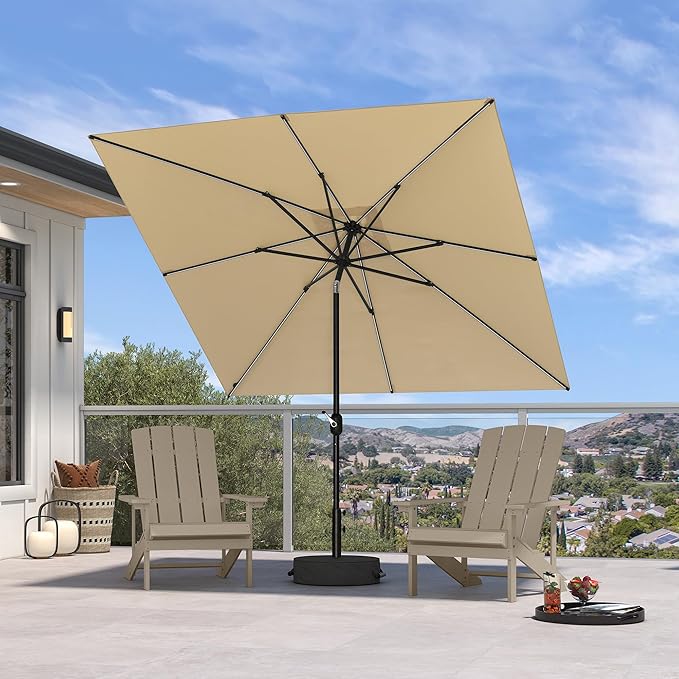 PURPLE LEAF 8' x 8' Square Patio Umbrella with Solar LED Outdoor Table Umbrella Aluminum Frame Market Umbrella with 8 Sturdy Ribs & Tilt for Garden Deck Lawn Pool Beige