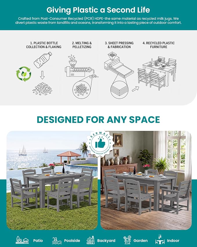 SERWALL 59" Outdoor Dining Set for 8, HDPE Dining Set, Gray | Include 2 Rectangular Tables and 8 armless Chairs, All Weather Dining Sets for Garden, Backyard