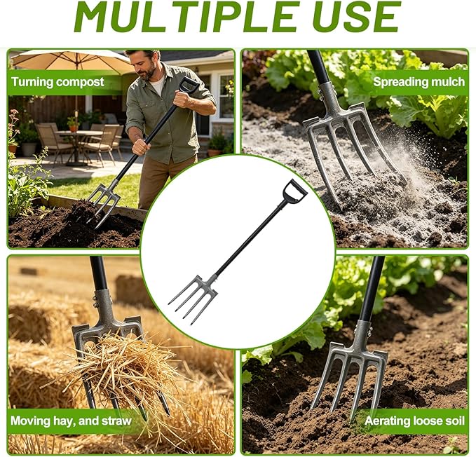 Pitch Fork, 46 inch Garden Fork with Metal 4 Tines & Ergonomic D Handle, Heavy Duty Pitchforks for Gardening Digging Composting Soil Loosening