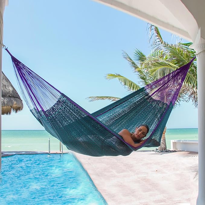 NOVICA Purple Green Teal Hand Woven Nylon Mayan 2 Person XL Rope Hammock, 'Royal Pheasant' (Double)