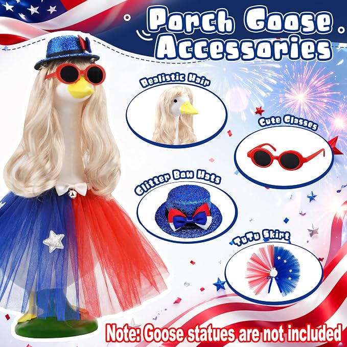 Porch Goose 4th of July Outfits 4 Pieces 4th of July Porch Goose Outfits with 1 Blonde Long Wigs Outdoor Decor for Lawn Goose Statues