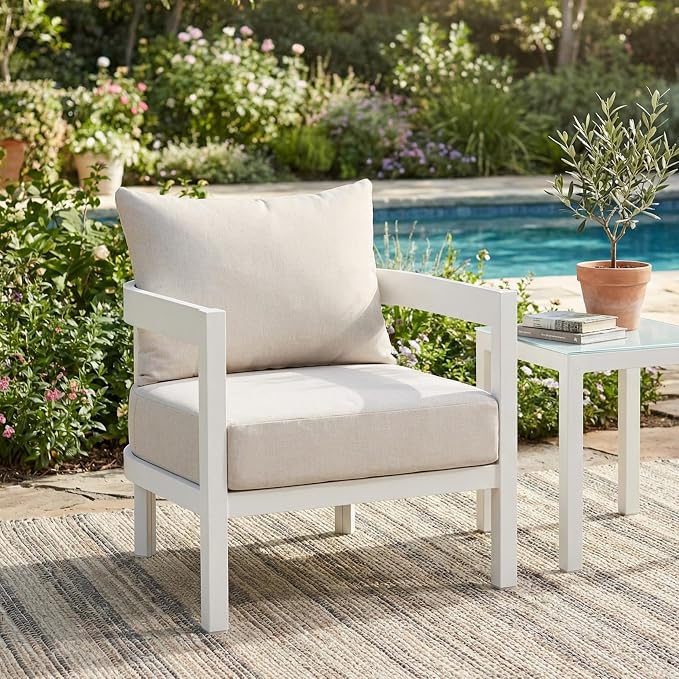 Merax 27.6" Outdoor Curved Patio Accent Chair with All-Weather Coushions, Aluminum Frame Single Lounge for Chair Porch, Lawn, Backyard, Balcony White