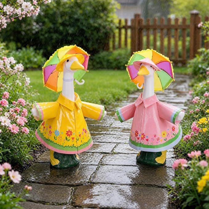 DECOHS 2 Set Raincoat Porch Goose Outfits, Summer Lawn Goose Statue Raincoat Costume, Yard Goose Clothes Raincoats Umbrella Hat Outfit for 23" Statue Patio Garden Decoration (Yellow & Pink)