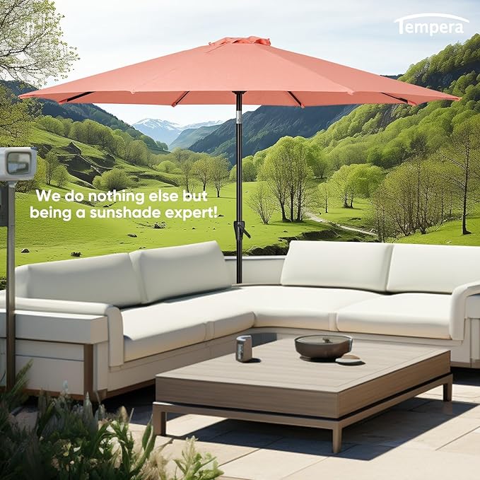Tempera Patio Market Outdoor Table Umbrella with Push Button Tilt and Crank, Large Sun Umbrella with Sturdy Pole & Fade Resistant Canopy, Easy to Set