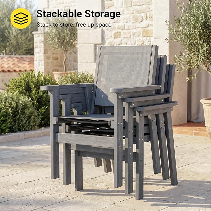 HDPE Outdoor Dining Chairs Set of 2 | Textilene Weather Resistant Patio Stackable Chairs for Garden, Backyard, Lawn and Poolside, Grey