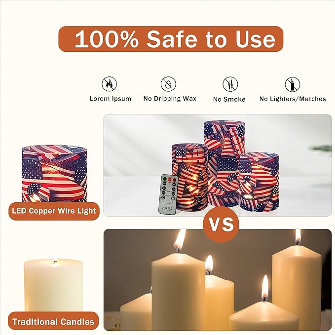 Printed Flameless Candles with String Lights - Set of 3 USA Flag Battery Operated Candle Flickering Floral LED Pillar Candles with Timer Remote for Home Decor Romantic Ambiance,Flag