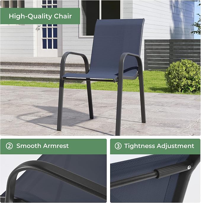 Outdoor Dining Set for 8, Patio Dining Set with Textilene Dining Chairs, Metal Dining Table with Umbrella Hole, Stackable Outdoor Chairs for Garden, Patio, Poolside and Backyard, Navy Blue