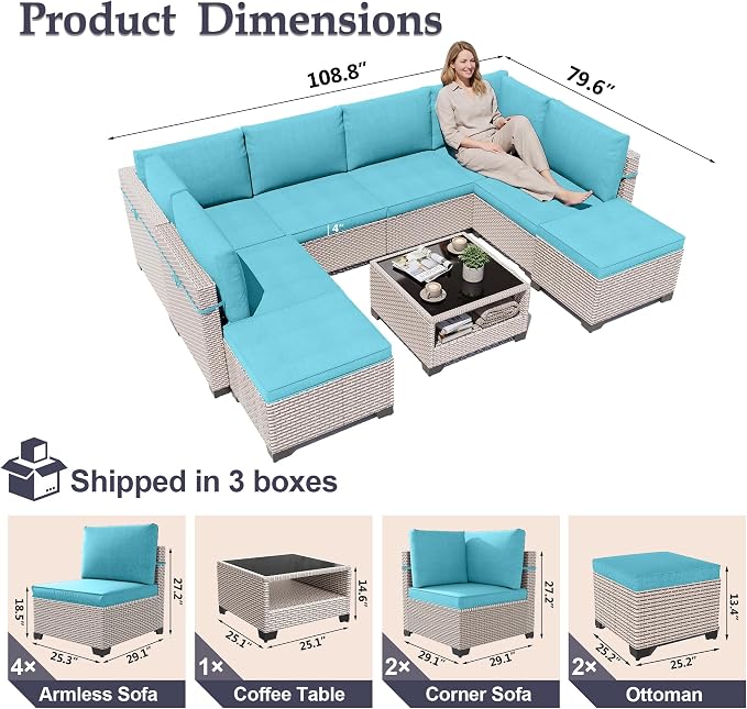 Patio Furniture Set, 9-Piece Outdoor Sectional Sofa with Ottomans & 2-Layer Glass Coffee Table, Wicker Patio Conversation Set with Cyan Cushions for Poolside