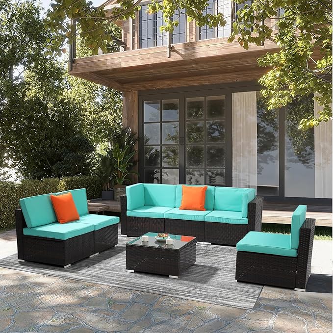 7 Pieces Large Wicker Patio Furniture Set, Rattan Outdoor Sectional Sofa Set, Patio Conversation Set for Garden, Sectional Outdoor Furniture, Outdoor Sofa,Sectional Couch with Coffee Table