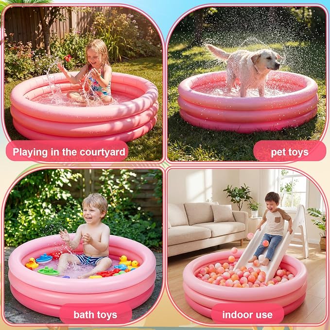 VioraWhite 6 Pack Inflatable Kiddie Pool for Toddlers 34"x10" Pink Blow up Kids Swimming Pool Small 3 Rings Round Baby Pools for Indoor Outdoor Water Game Play Center