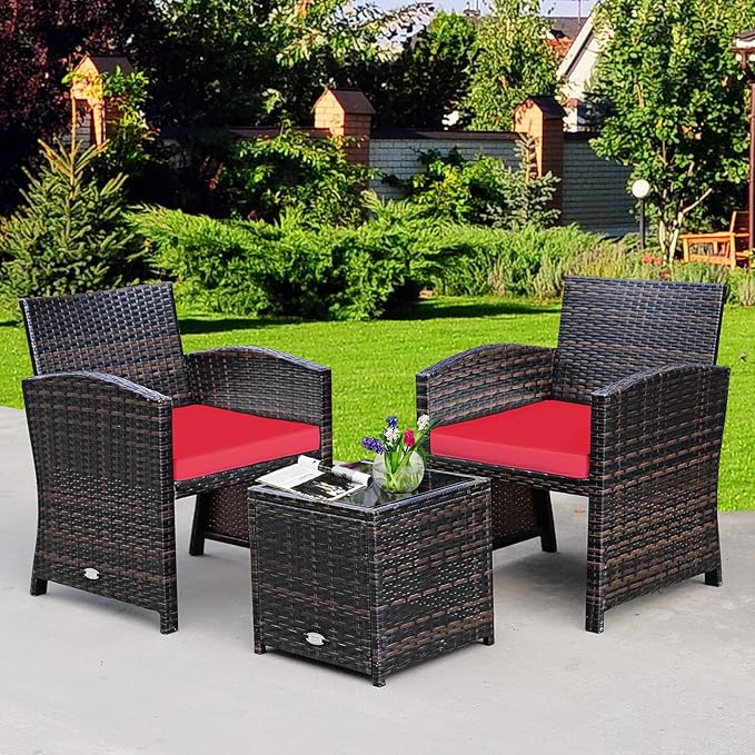 Tangkula 3-Piece Outdoor PE Rattan Furniture Set, Patio Conversation Set w/Chair & Storage Coffee Table, Detachable Cushion, Stable X-Shaped Frame, Perfect for Garden, Backyard, Poolside (Red)
