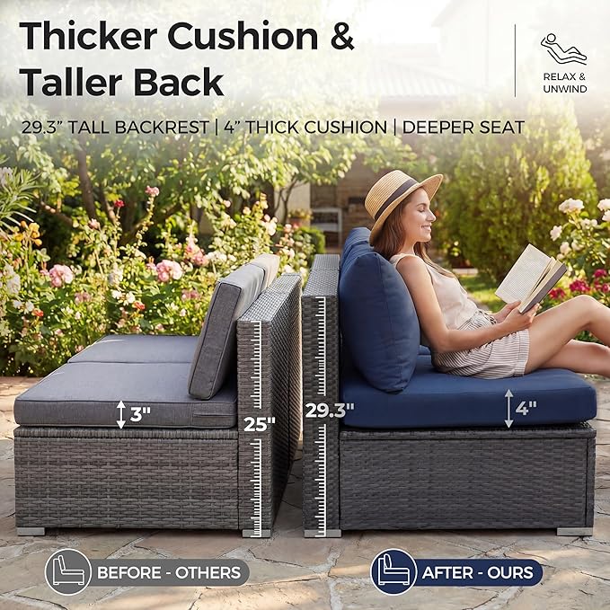 NICESOUL 10 Piece L-Shaped Outdoor Furniture Conversation with Fireplace Natural Gas/Propane, 29.3'' High Back Oversized Rattan Sofa Couch, Wide Deep Seated Patio Sectional, 2 Color Cushion Navy&Grey