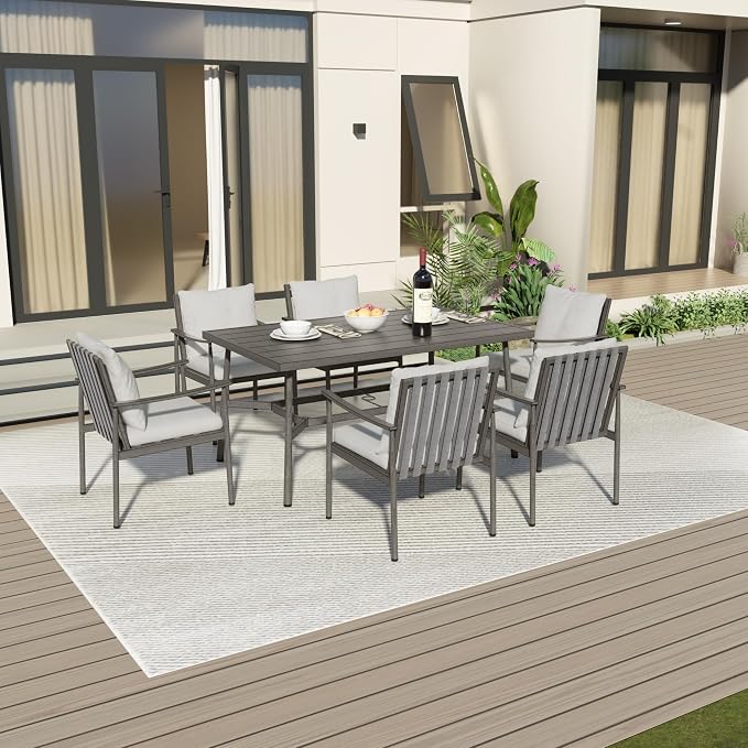 7-Piece Outdoor Dining Set for 6, Aluminum Dining Set with Cushions, 6 Dining Chairs with Rope Backrest, Large Rectangular Table with Umbrella Hole, Patio Dining Set for Lawn Porch Yard,Grey