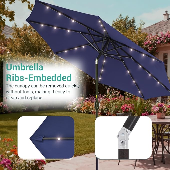 9ft Patio Umbrella Outdoor with Solar Lights,32 LED Lighted Table Market Umbrella with Tilt and Crank, 2-Year-Non-Fading, 8 Sturdy Ribs,for Pool, Deck, Garden,Backyard