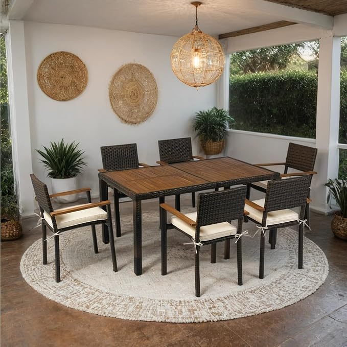 7 Piece Outdoor Patio Dining Set Wicker Furniture Set with Acacia Wood Top Brown Rattan and Cream Cushions 6 Seater Garden Dining Set for Backyard Deck
