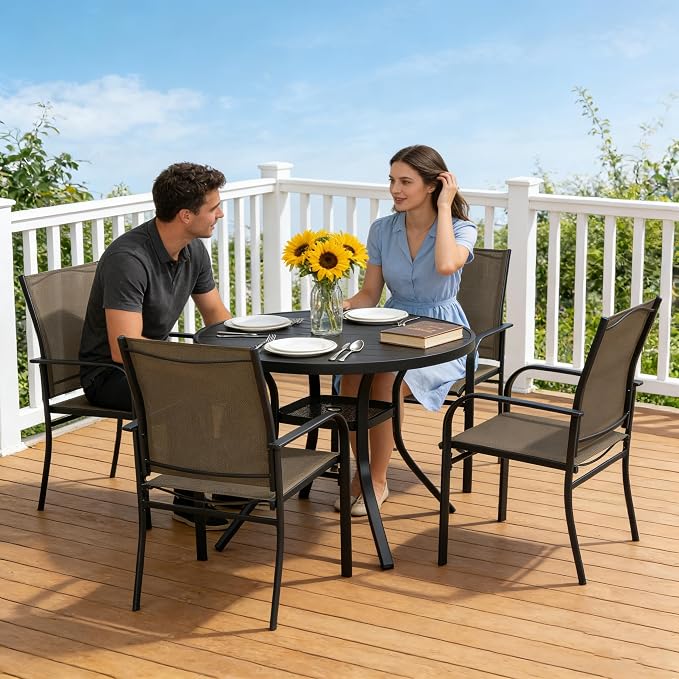 SUNCROWN 5 - Piece Outdoor Dining Set, Patio Furniture Set with 4 x Textilene Dinning Chairs and 41" Metal Round Table with Umbrella Hole for Lawn Garden Backyard Deck, Brown