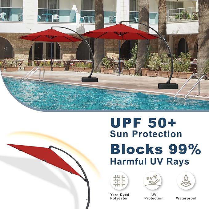 11FT Cantilever Umbrella with Base Large Curvy Outdoor Aluminum Offset Umbrella w/ 360° Rotation, UV Resistant Canopy for Patio, Garden, Backyard, Red