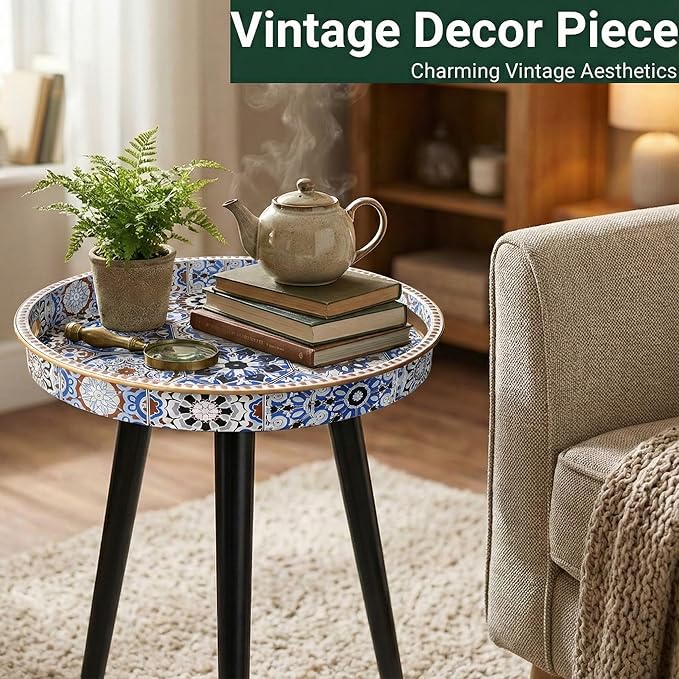 Round Indoor Side Tables with Detachable Wooden 3 Legs, Versatile Tray Table, Perfect for Round Coffee Table Tea, and Relaxation Time 17.7 Inch (33 Bohemian)