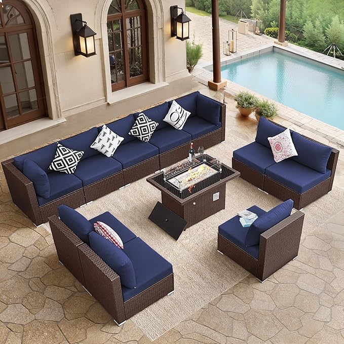 BULEXYARD 11 Piece High Back Wicker Patio Furniture Sets with Fire Pit, Luxury Plus Size Outdoor Seating Set, Comfortable Extra Wide Deep 10-Seater Sectional Couch Sofa for Outside, Brown & Navy Blue