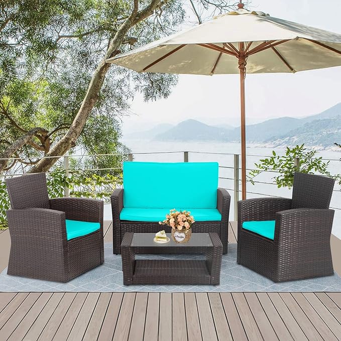 PayLessHere 4 Pieces Patio Conversation Set, Outdoor PE Rattan Wicker Sofa Furniture Set with Soft Cushions and Glass Coffee Table for Backyard Lawn Garden Balcony Porch Poolside (Blue)
